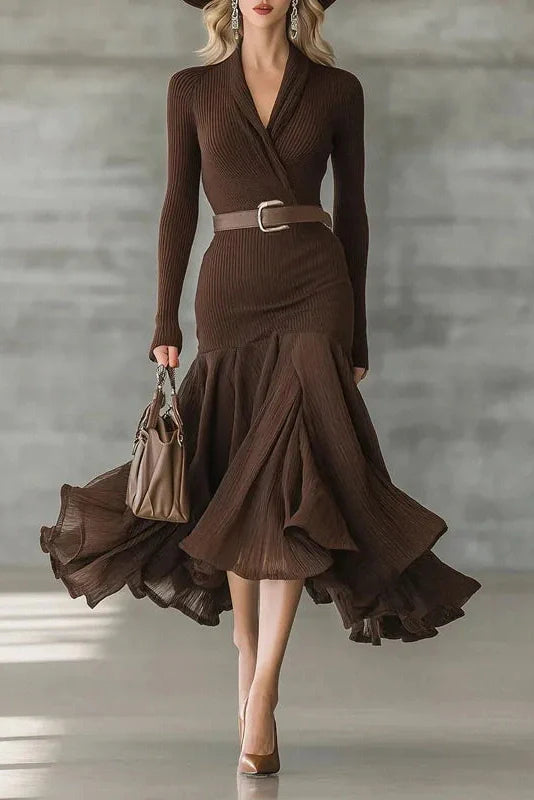 Elegant Pleated V-Neck Long Sleeve Midi Dress