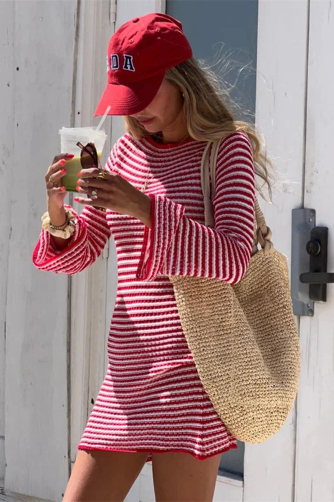 Striped Printed Knit Patchwork High Waist Mini Dress