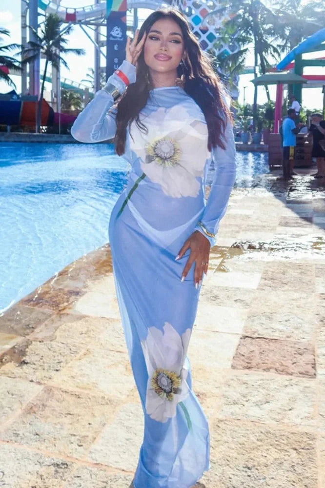 See Through Printed Long Sleeve Lace-Up Backless Maxi Dress