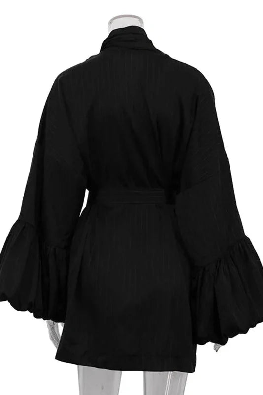 Puff Sleeve Lace-Up Striped Loose V-Neck A-Line Mini Dress