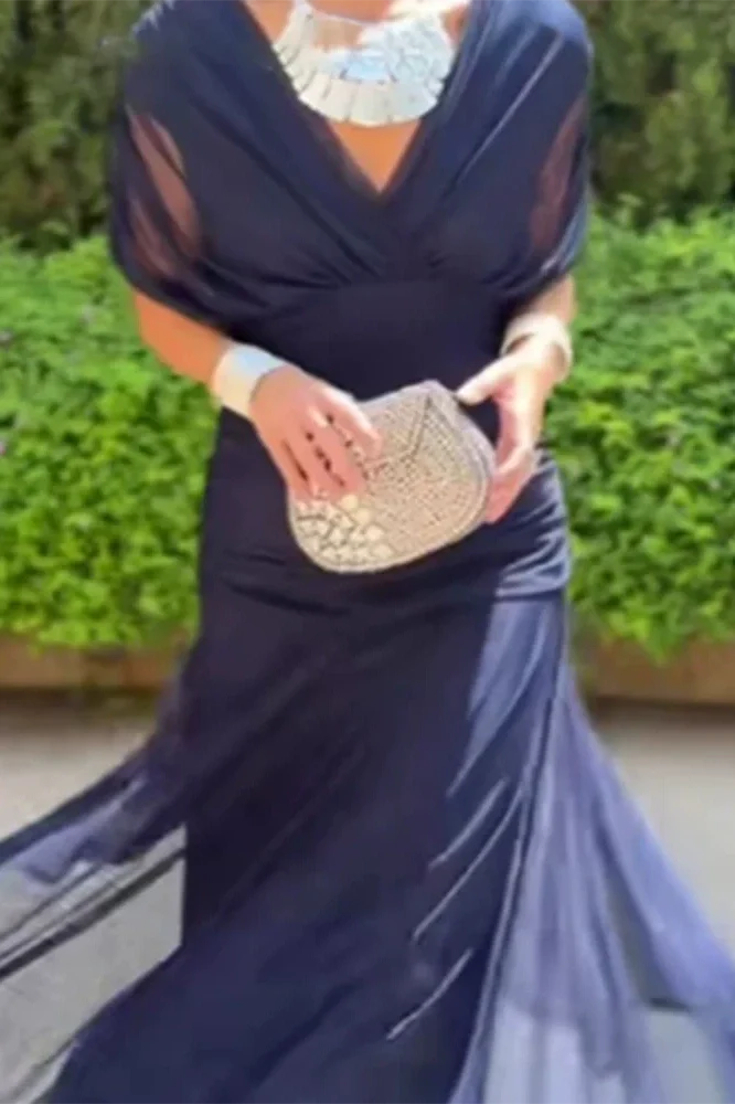 Printed Shawl Sleeve High Waist Pleated V-Neck Off Shoulder Maxi Dress