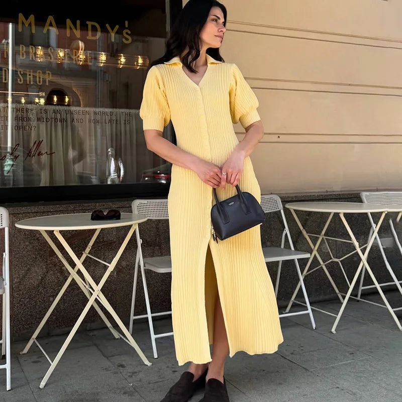 V-Neck Single Breasted High Waist Maxi Dress