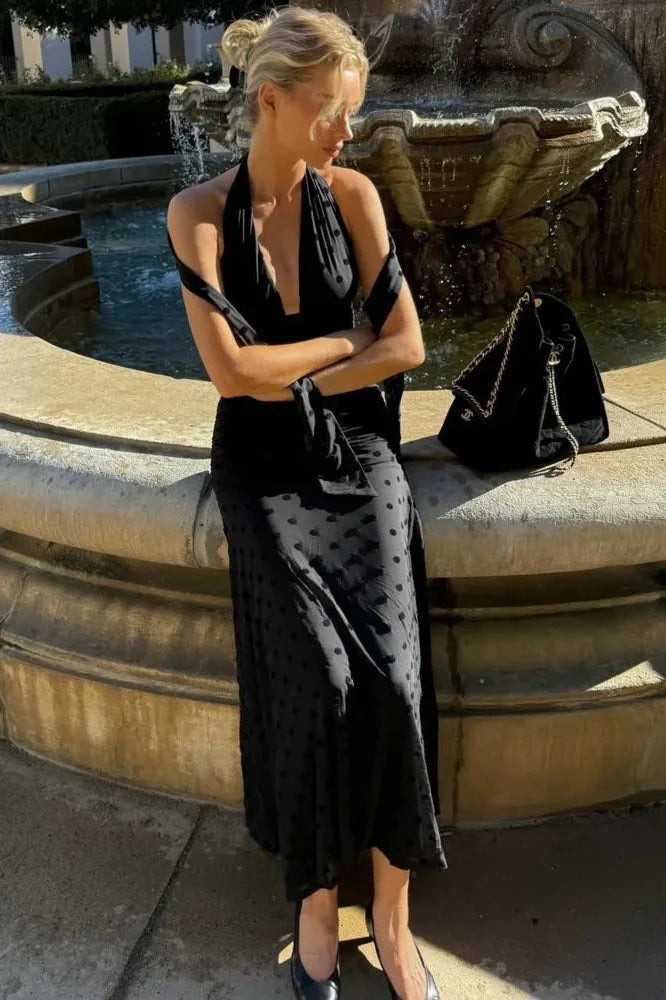 Polka Dot Deep V Neck Sleeveless Backless Bodycon Maxi Dress