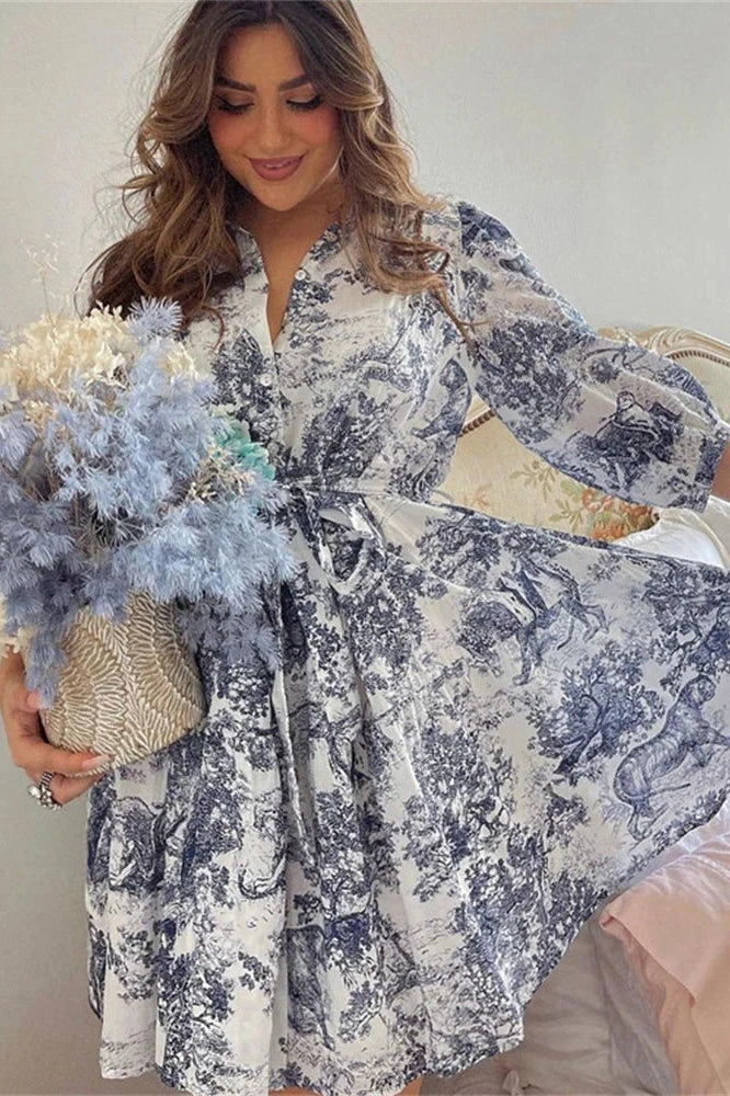 Printed Lace-Up High Waist Short Sleeve Mini Dress