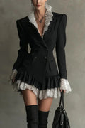Long Sleeve High Waist A-Line Pleated V-Neck Lace Mini Dress