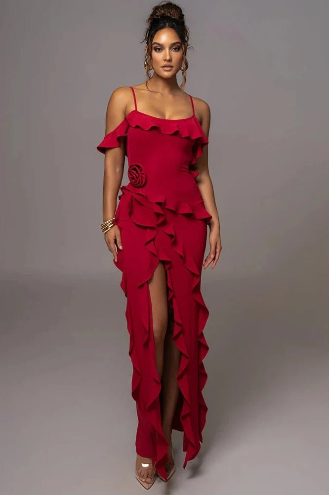 Elegant Spaghetti Strap Flower Sleeveless Maxi Dress