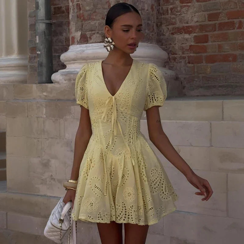 Lace Up V Neck Short Sleeve A-Line Mini Dress