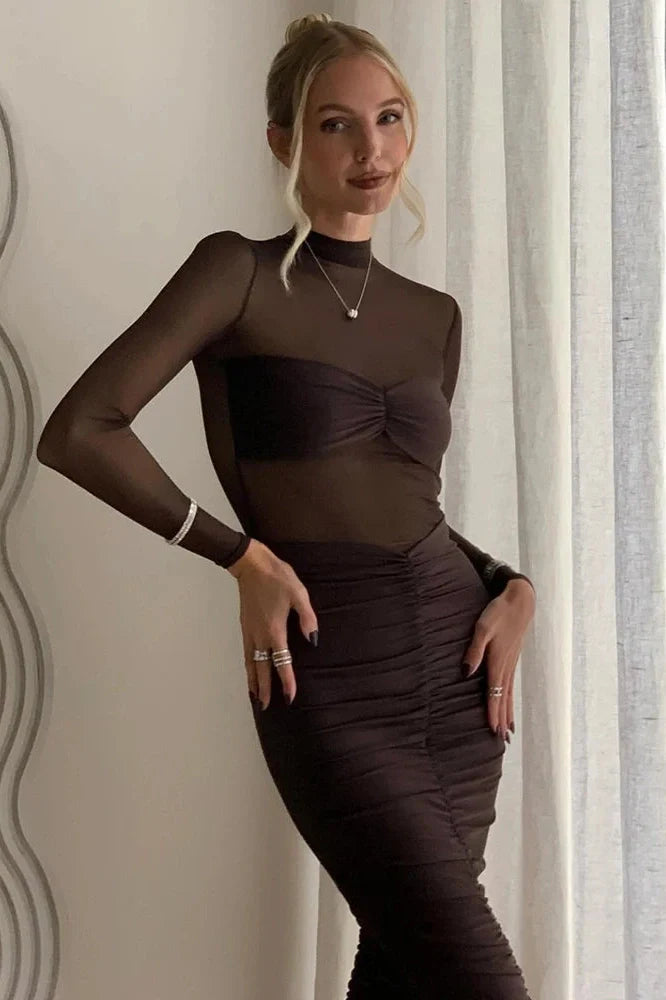 Long Sleeve See Through Backless Bodycon Maxi Dress