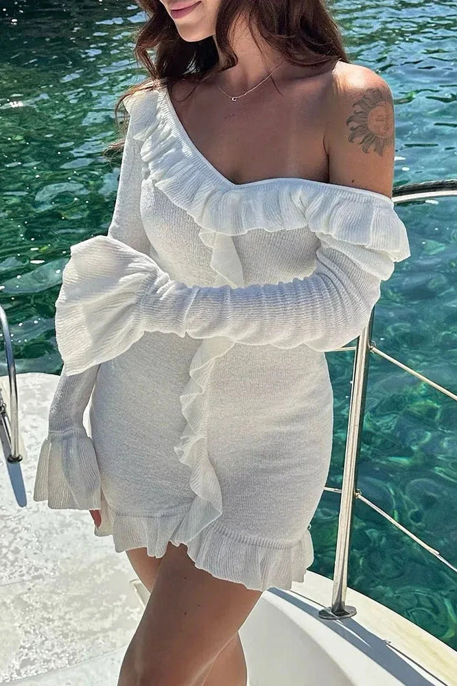 Elegant Knitted Long Sleeve Slim V Neck Mini Dress