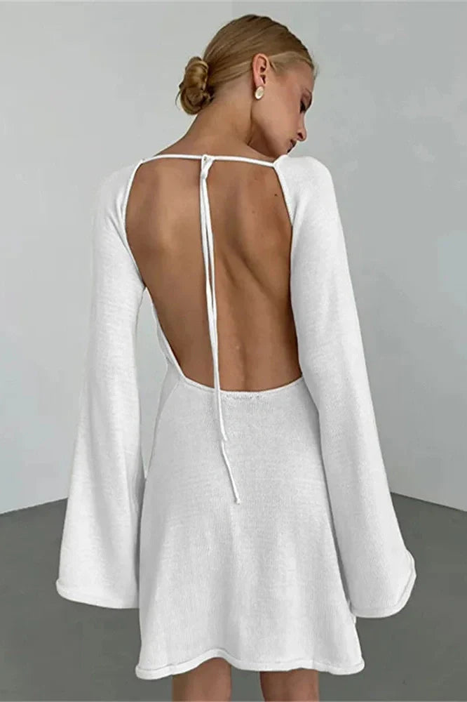Backless Lace-Up Long Sleeve High Waist Mini Dress