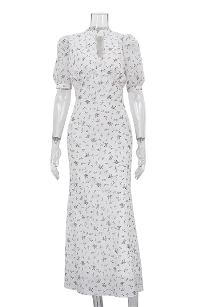 Printed V-Neck Short Sleeve High Waist Maxi Dress