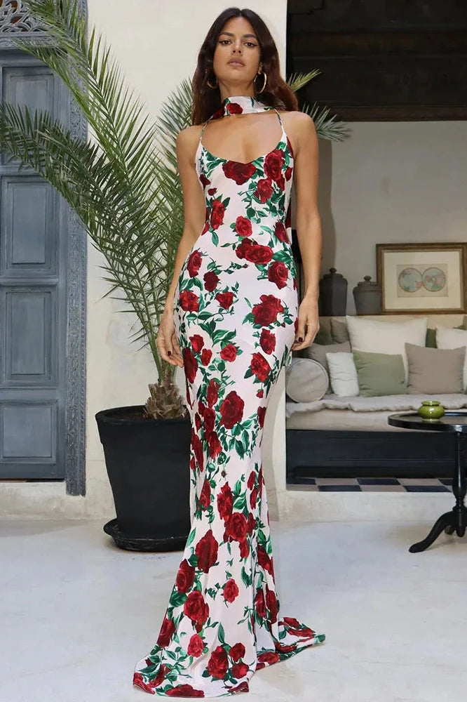 Elegant Backless Print Sleeveless High Waist Maxi Dress