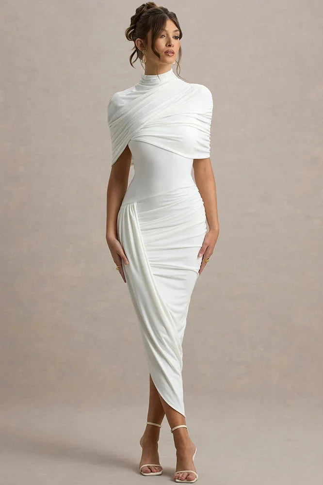 Half Sleeve Backless Turtleneck Slim High Waist Midi Dress