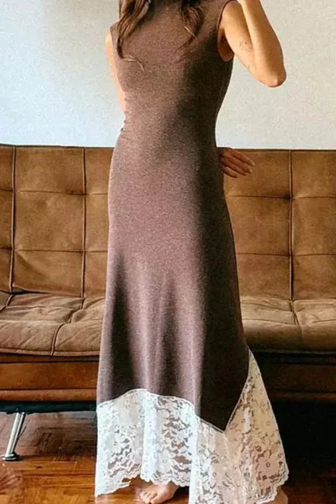 Hollow Out O-Neck Sleeveless Slim Lace Knit Maxi Dress
