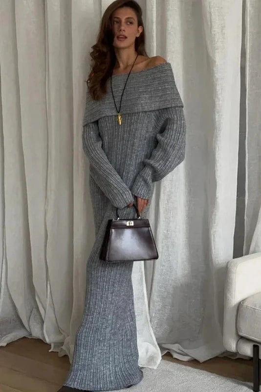 Knitted Off-Shoulder Long-Sleeved Slim High Waist Backless Maxi Dress