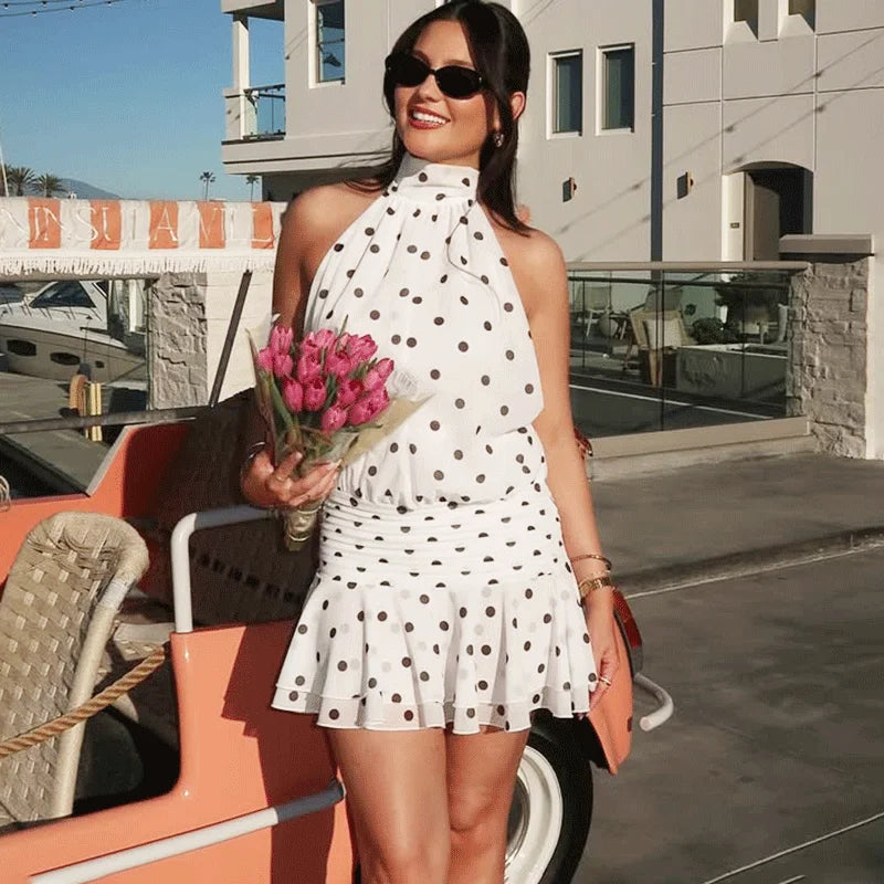 Polka Dot Print Lace-Up Halter Neck Mini Dress