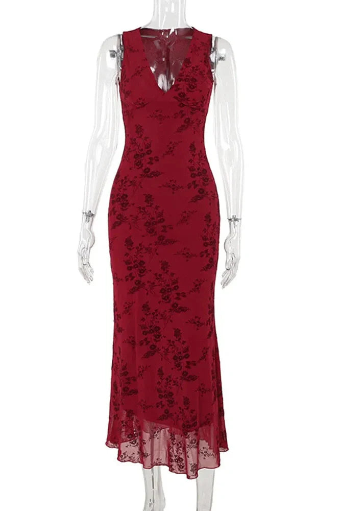 Printed Deep V Neck Sleeveless Slim Maxi Dress