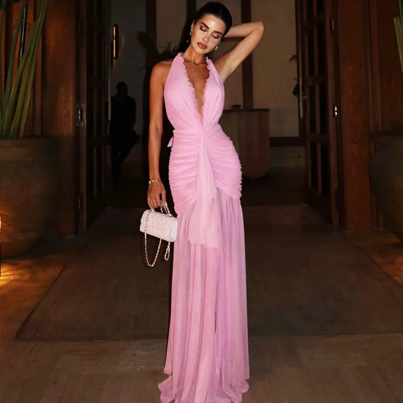 See Through Lace Up Patchwork Maxi Dress