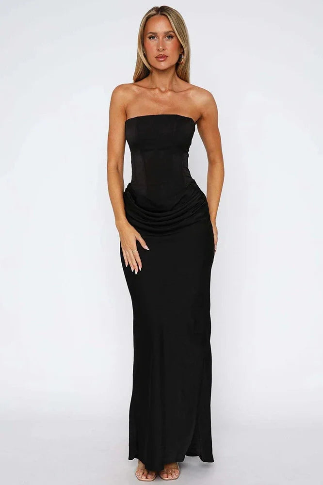 Off-Shoulder Strapless Sleeveless Backless Lace-Up Bodycon Maxi Dress