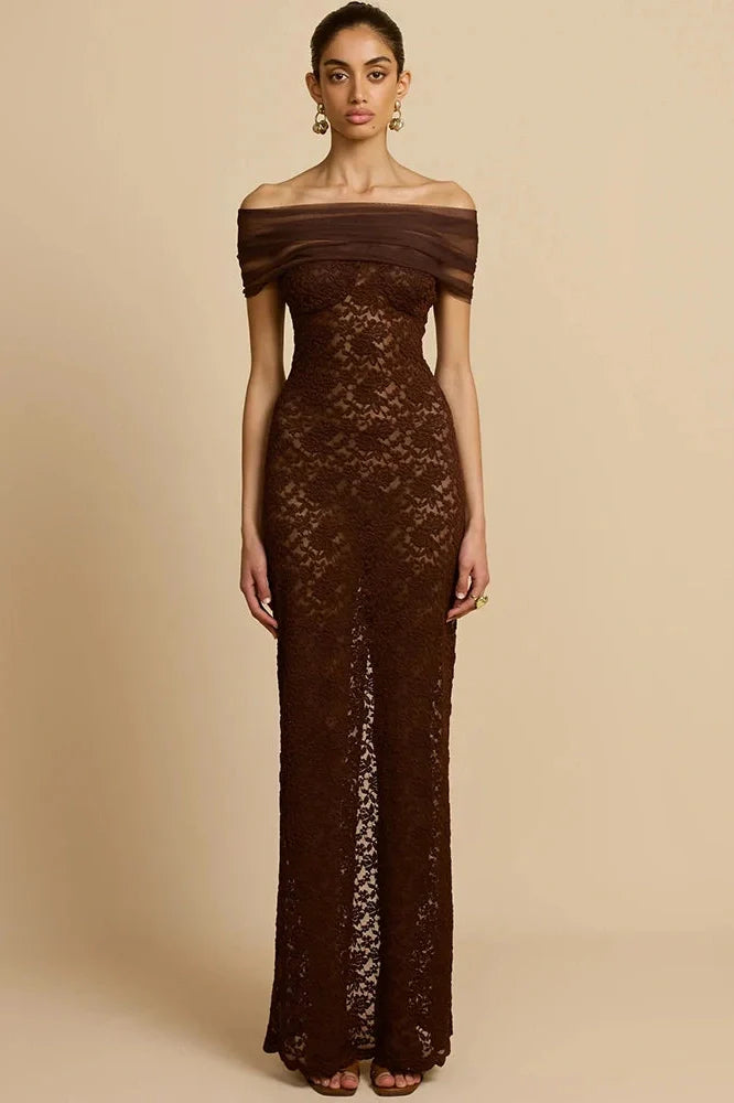 Lace Off-Shoulder See Through Strapless Sleeveless Split Bodycon Maxi Dress