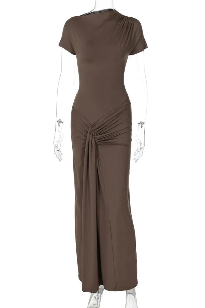 Elegant Slim Pleated Lace Up Short Sleeve Maxi Dress