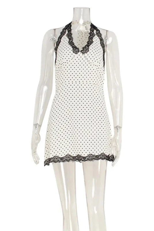 Polka Dot V-Neck Lace Slim Backless Mini Dress