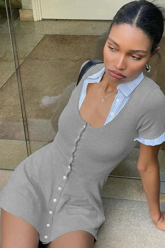 Short Sleeve Patchwork Square Collar Single-Breasted Slim High Waist Mini Dress