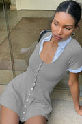 Short Sleeve Patchwork Square Collar Single-Breasted Slim High Waist Mini Dress