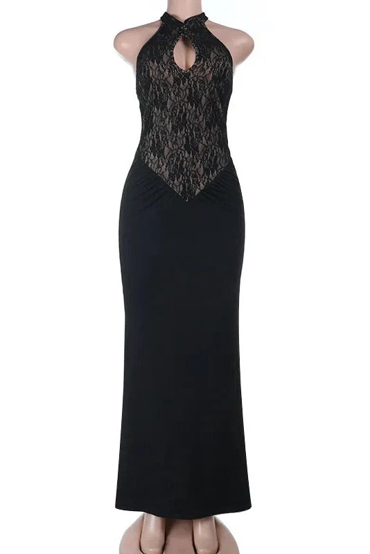 Hollow Out Lace Patchwork Slim High-Waisted Maxi Dress