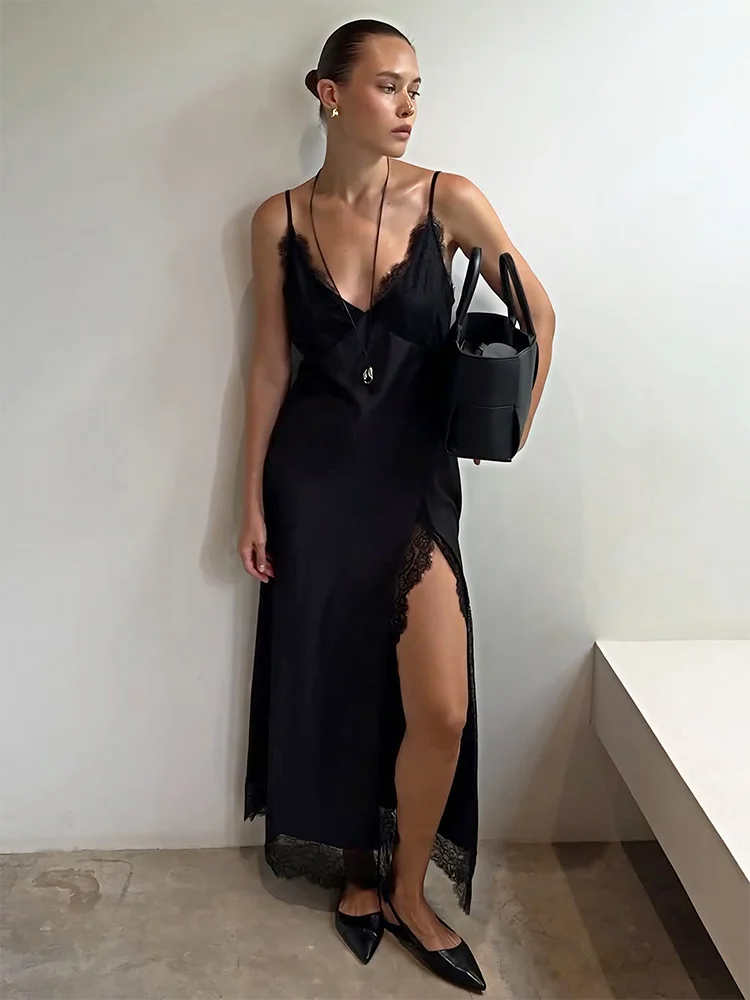 Elegant Lace V-Neck Fitted Split Maxi Dress