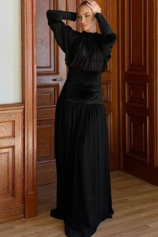 Elegant Round Neck Long Sleeve High Waist Slim Maxi Dress