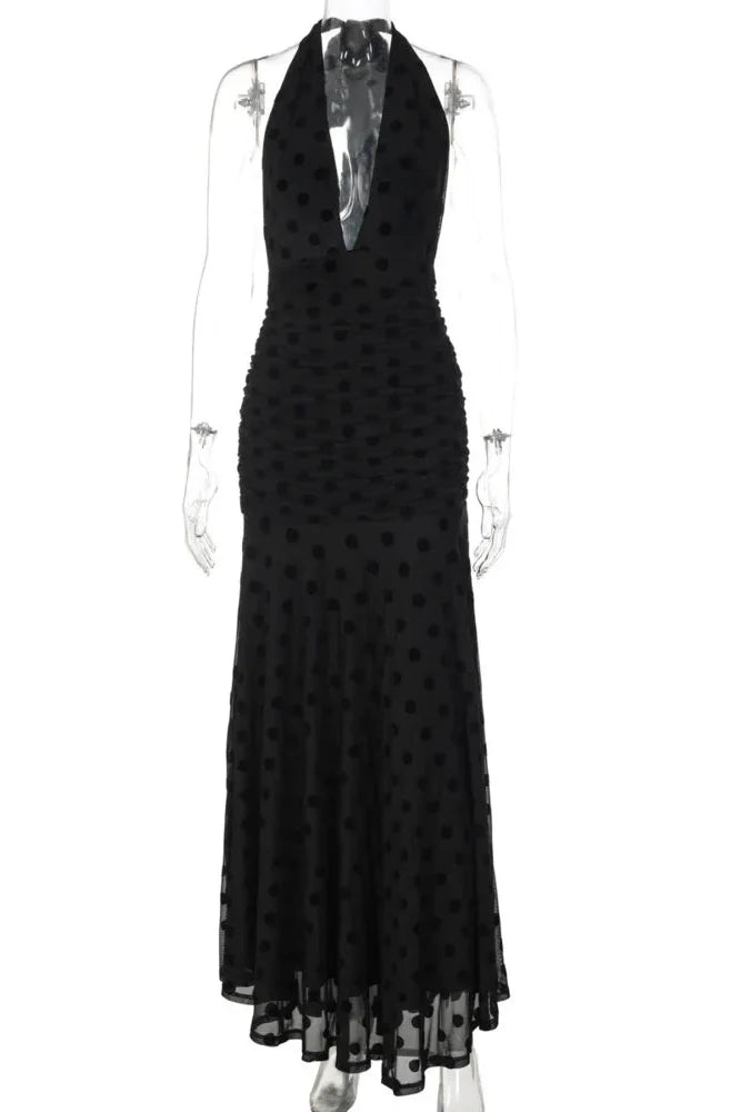Polka Dot Deep V Neck Sleeveless Backless Bodycon Maxi Dress