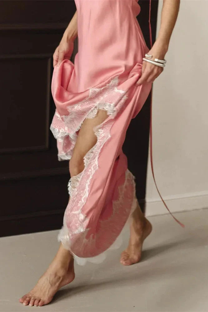 Lace Printed V-Neck High Waist Slim Backless Maxi Dress