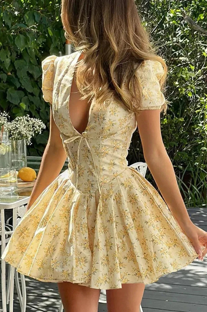 Deep V Neck Print Lace-up Short Sleeve A-line Mini Dress