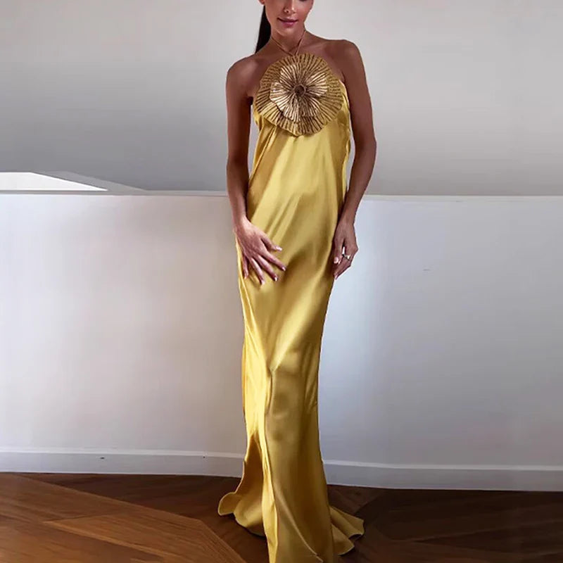 V Neck Diamond Flower Backless Maxi Dress
