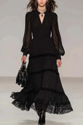Pleated V-Neck Long Sleeve High Waist Maxi Dress