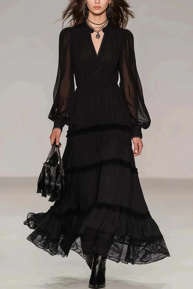 Pleated V-Neck Long Sleeve High Waist Maxi Dress