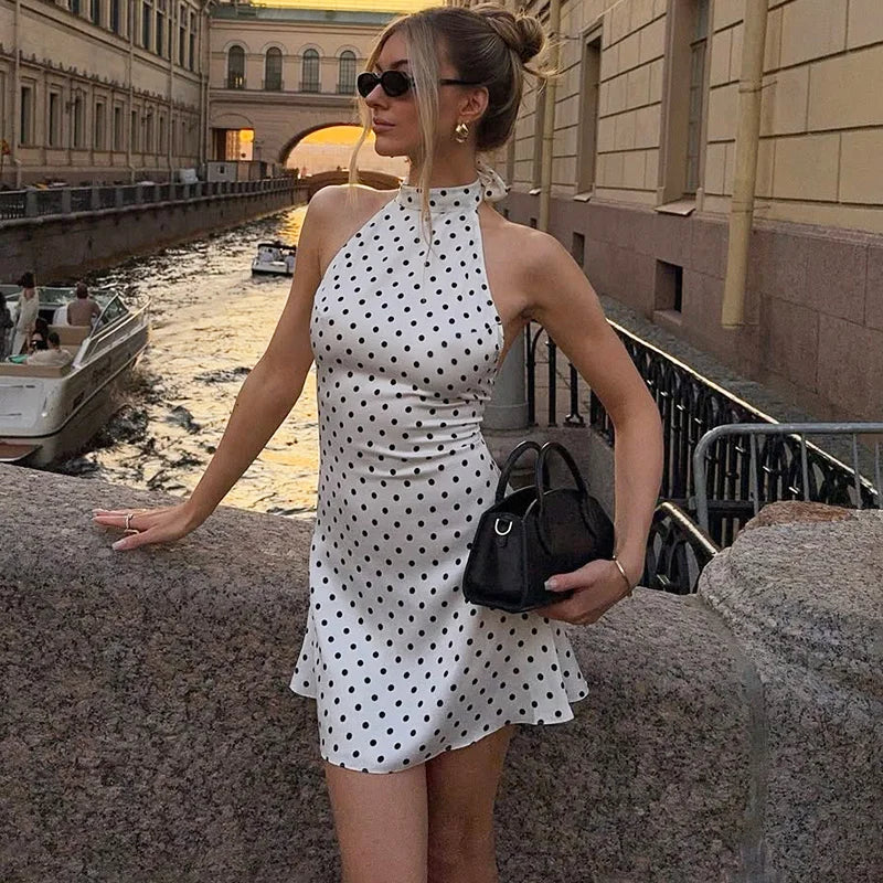 Polka Dot Sleeveless Backless Slim Mini Dress