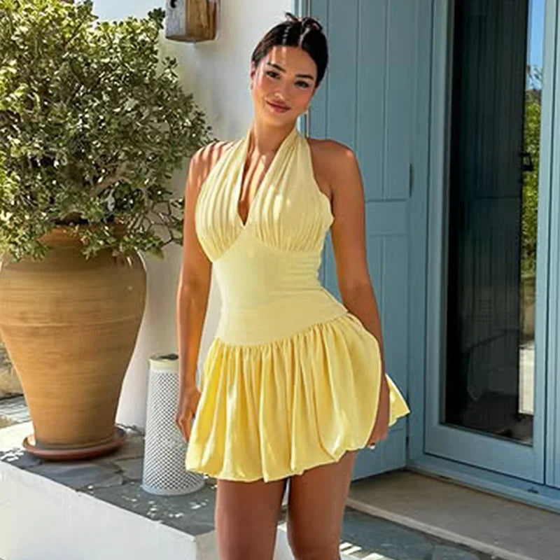 V Neck Halter Lace Up High Waisted Mini Dress
