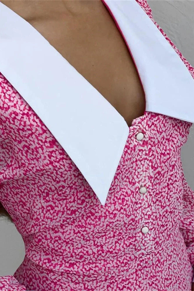 V-Neck Printed High Waist Long Sleeve Backless Mini Dress