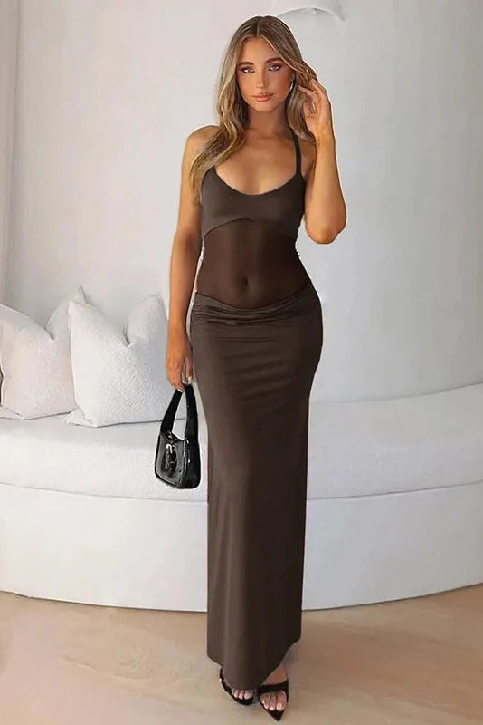 Backless Patchwork Sleeveless High Waist Slim Maxi Dress