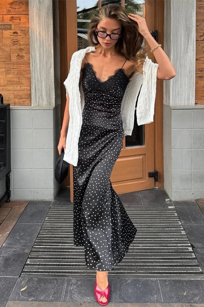 Lace V-Neck Backless High Waist Midi Dress