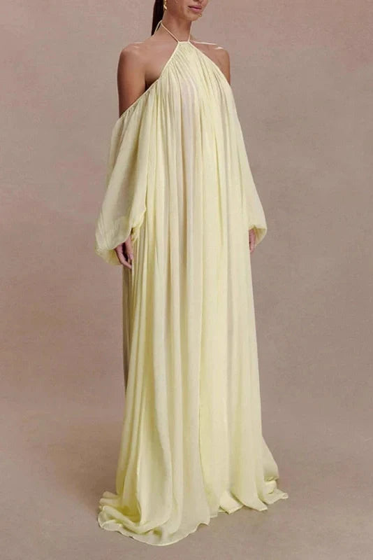 Backless Lace Up Off Shoulder Pleat Loose Maxi Dress
