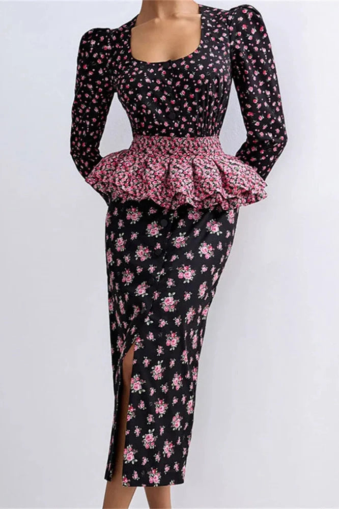Printed Patchwork Slim Midi Dress