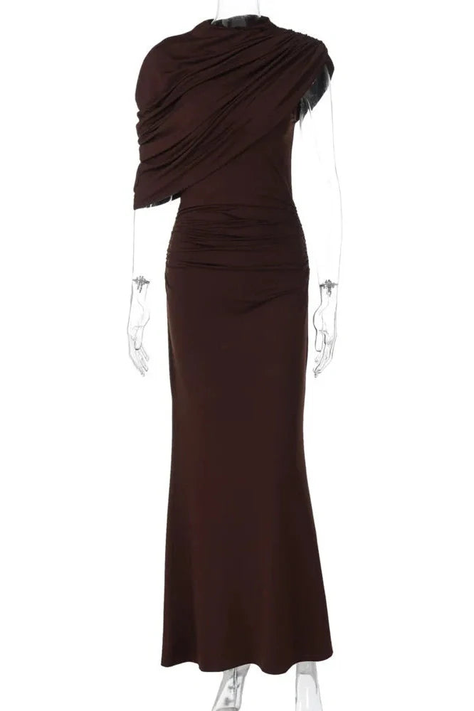 Inclined Shoulder Pleated Irregular Maxi Dress