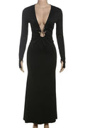Hollow Out Deep V-Neck Slim Long-Sleeved High Waist Maxi Dress