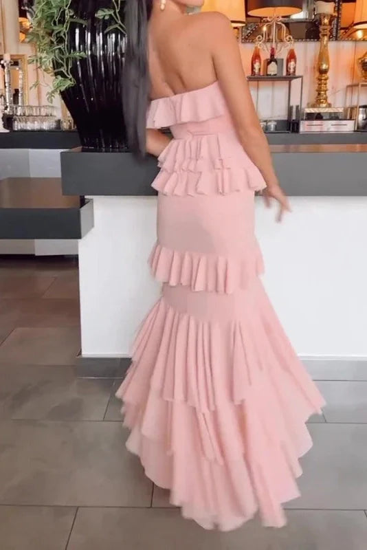 Elegant High Waist Split Strapless Maxi Dress