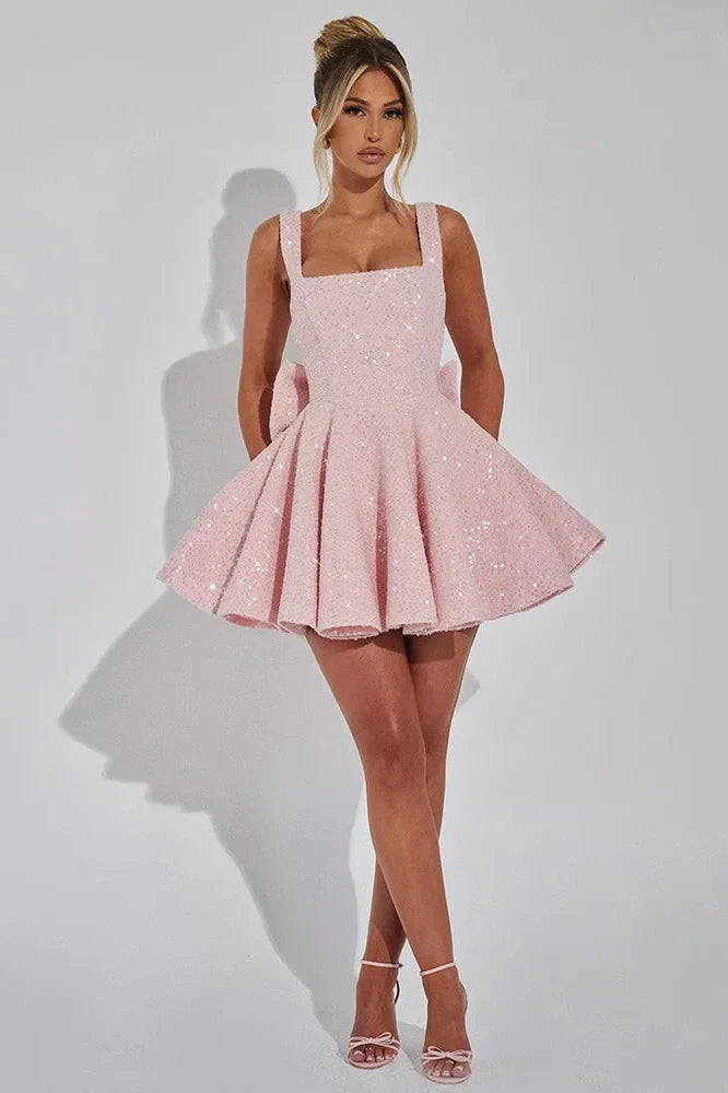 Backless Square Collar Sleeveless High Waist Mini Dress