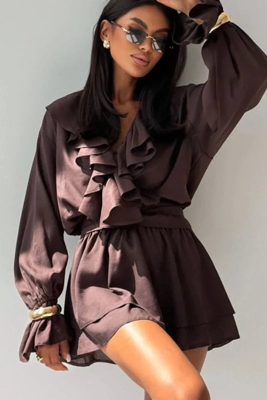 V-Neck Flared Sleeves High-Waisted A-Line Mini Dress