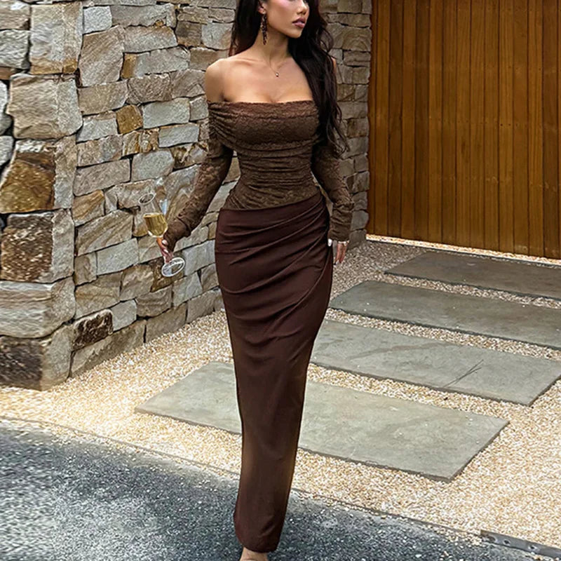 Off Shoulder Patchwork Backless See Through Maxi Dress